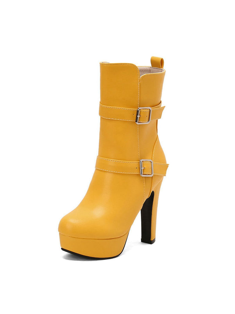 Pu Leather Round Toe Wedge Heel Mid-Calf Boots