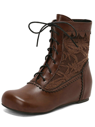 Vintage Embroidered Lace-Up Inner Heel Boots