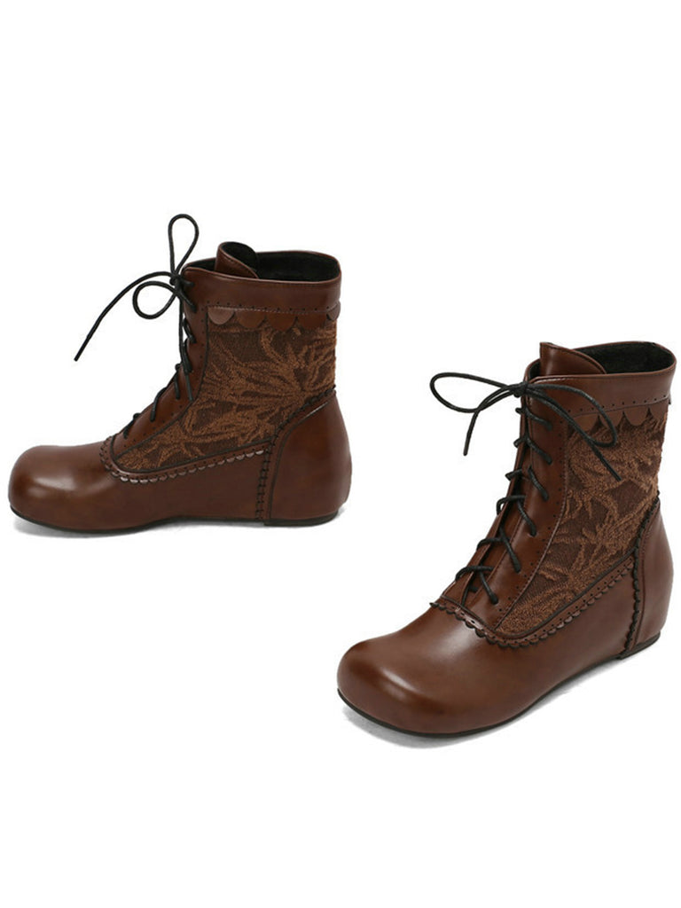 Vintage Embroidered Lace-Up Inner Heel Boots