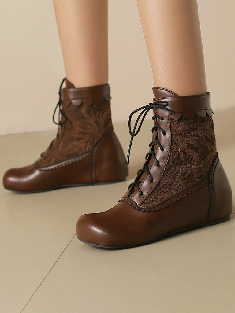 Vintage Embroidered Lace-Up Inner Heel Boots
