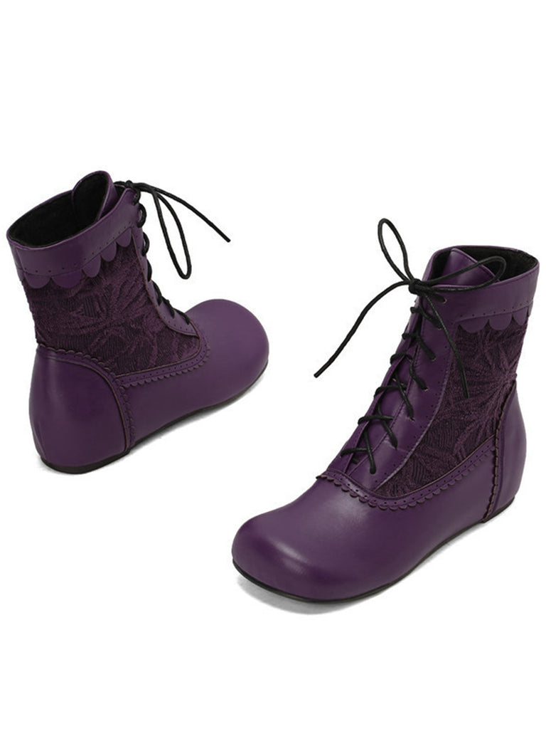 Vintage Embroidered Lace-Up Inner Heel Boots