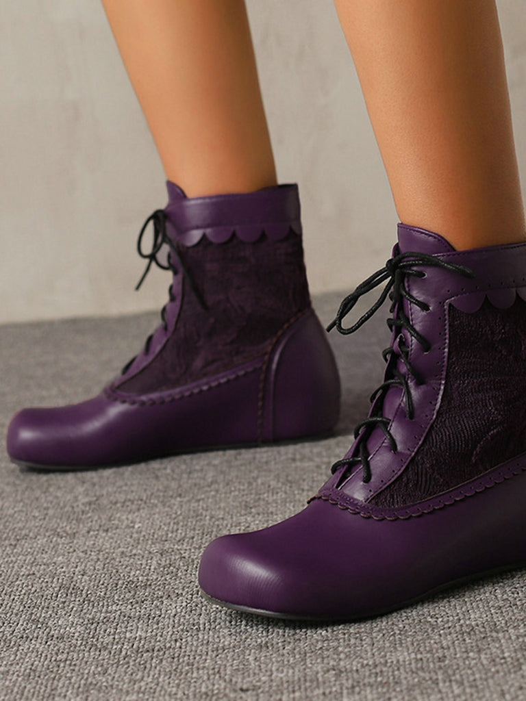 Vintage Embroidered Lace-Up Inner Heel Boots