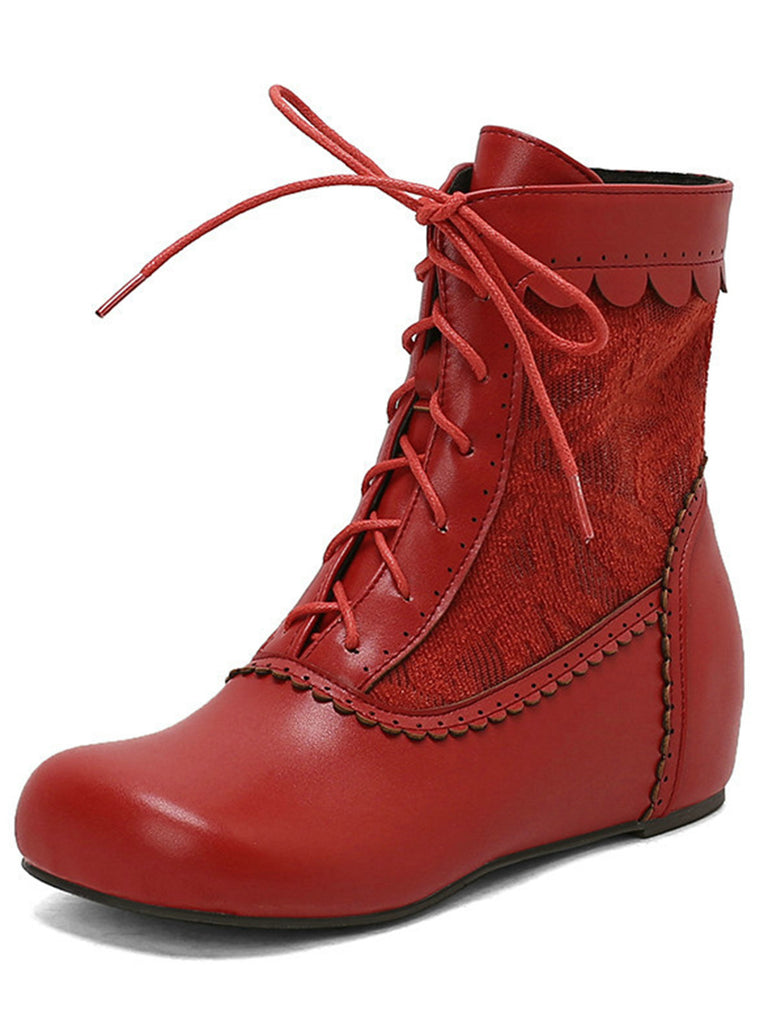 Vintage Embroidered Lace-Up Inner Heel Boots