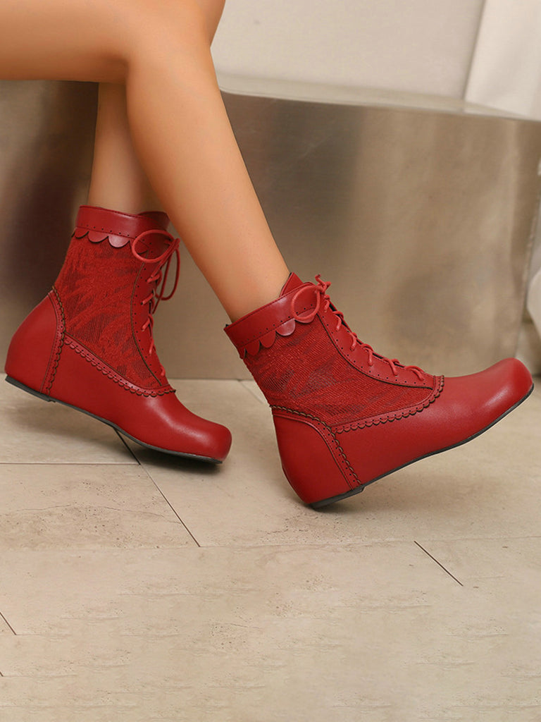 Vintage Embroidered Lace-Up Inner Heel Boots
