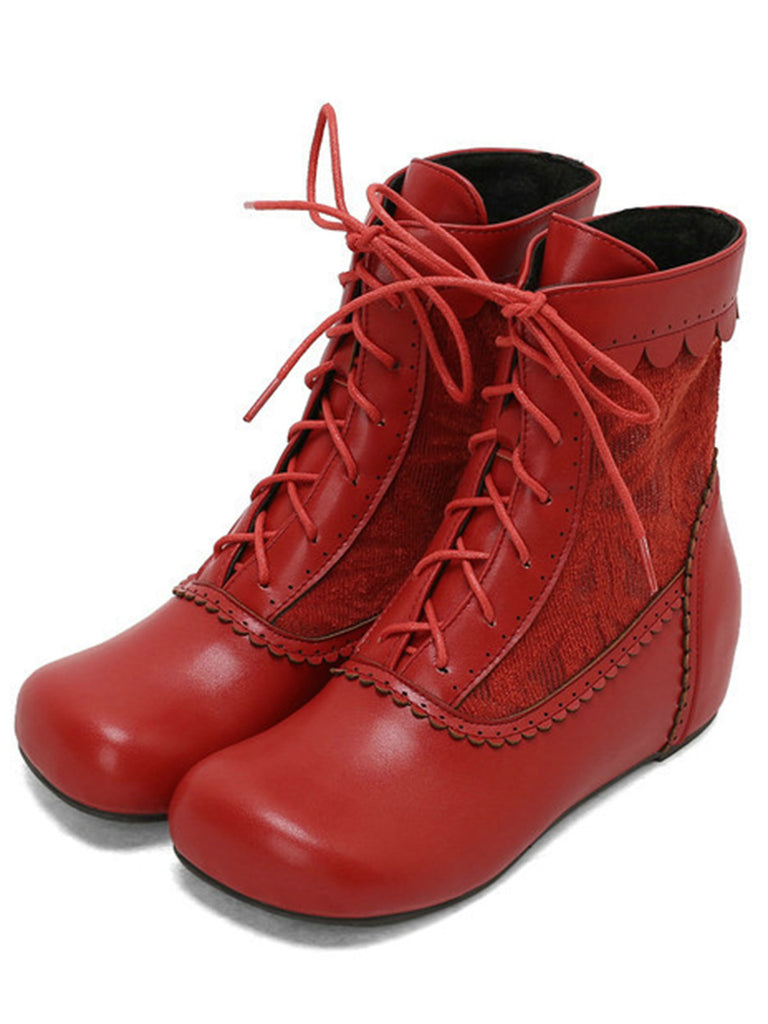 Vintage Embroidered Lace-Up Inner Heel Boots