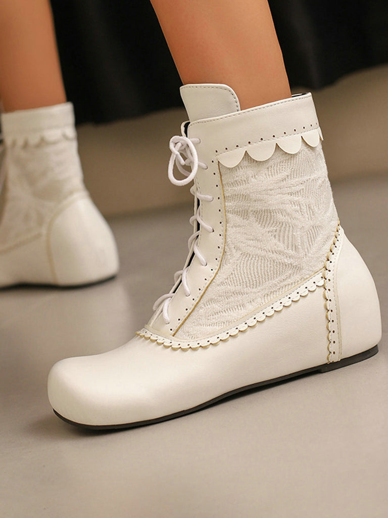 Vintage Embroidered Lace-Up Inner Heel Boots