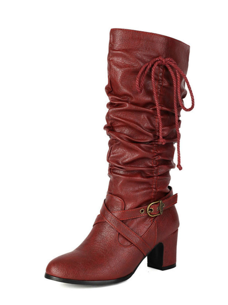 Vintage Solid Buckle Ruched Chunky Heels Boots
