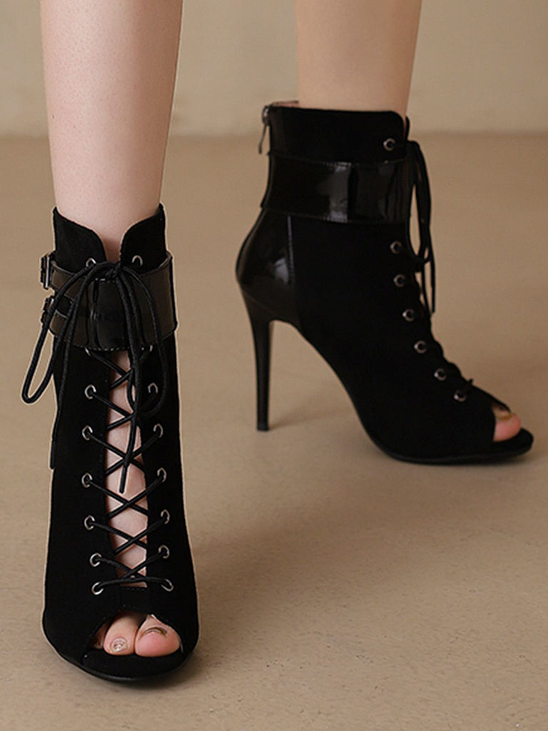 Metallic Open Toe Stiletto Drawstring Mid-Calf Boots