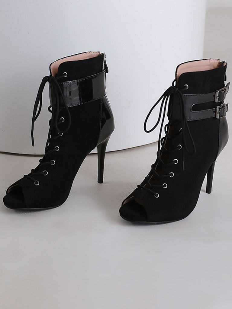 Metallic Open Toe Stiletto Drawstring Mid-Calf Boots