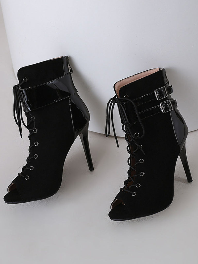 Metallic Open Toe Stiletto Drawstring Mid-Calf Boots