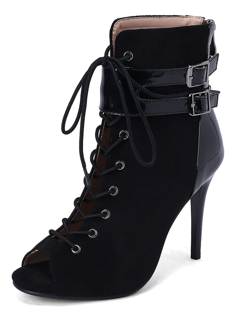 Metallic Open Toe Stiletto Drawstring Mid-Calf Boots
