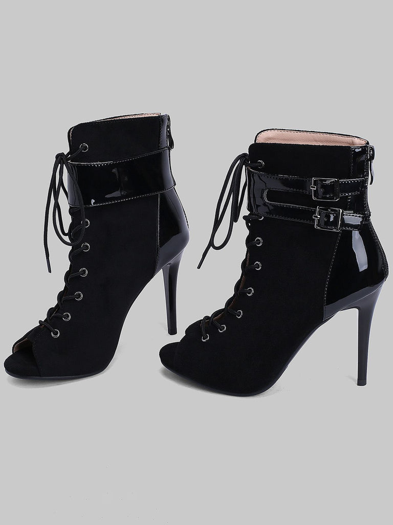 Metallic Open Toe Stiletto Drawstring Mid-Calf Boots