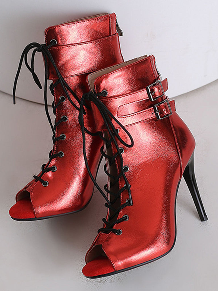 Metallic Open Toe Stiletto Drawstring Mid-Calf Boots