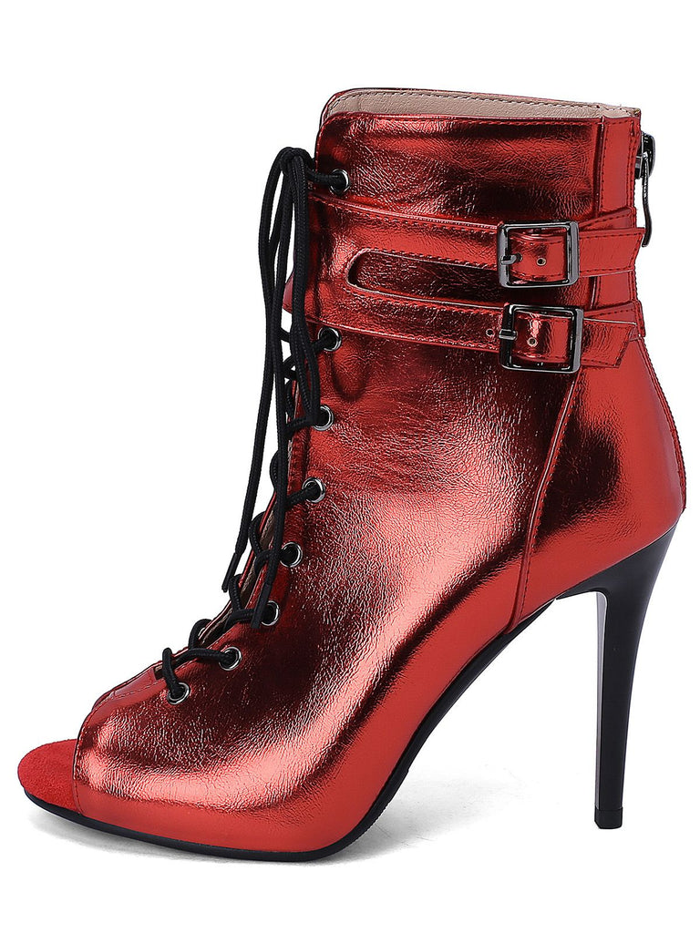 Metallic Open Toe Stiletto Drawstring Mid-Calf Boots
