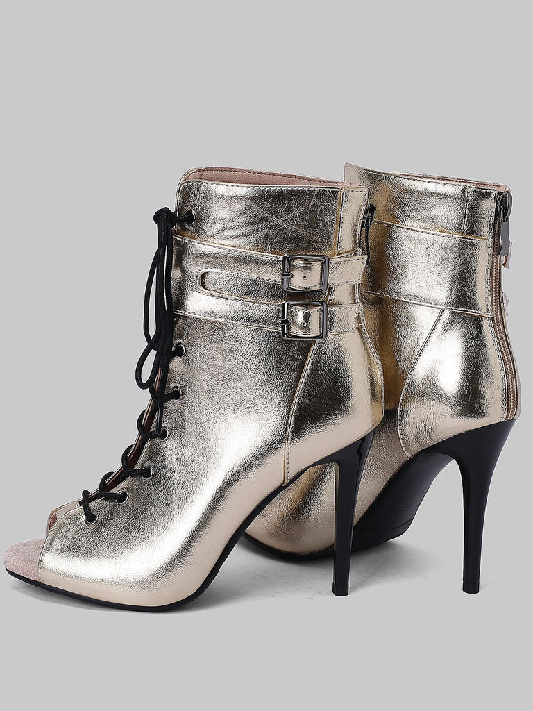 Metallic Open Toe Stiletto Drawstring Mid-Calf Boots