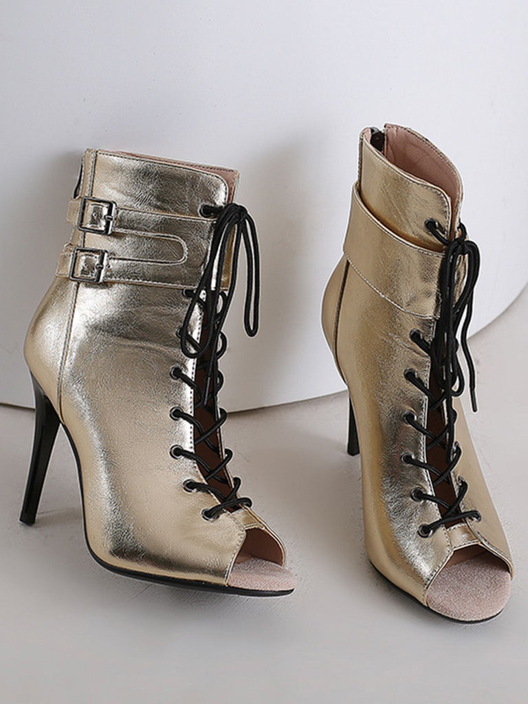 Metallic Open Toe Stiletto Drawstring Mid-Calf Boots