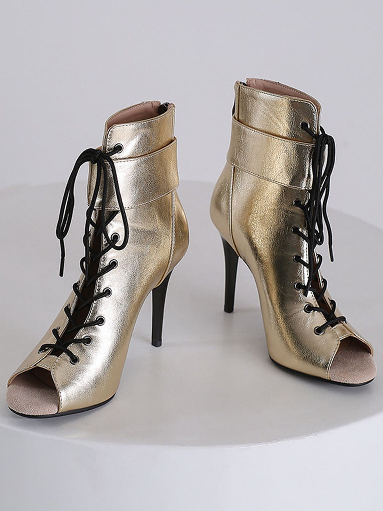 Metallic Open Toe Stiletto Drawstring Mid-Calf Boots