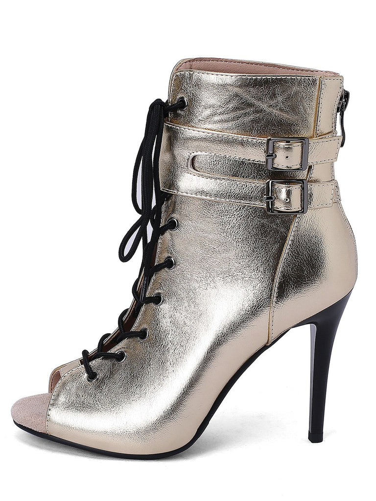Metallic Open Toe Stiletto Drawstring Mid-Calf Boots