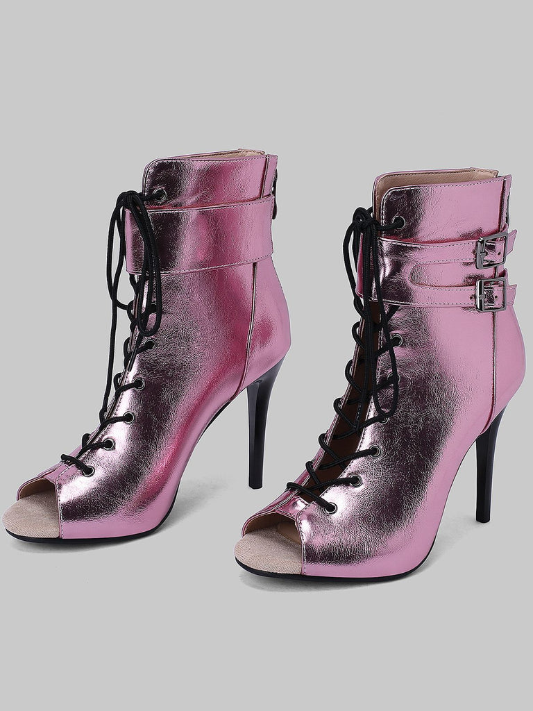 Metallic Open Toe Stiletto Drawstring Mid-Calf Boots