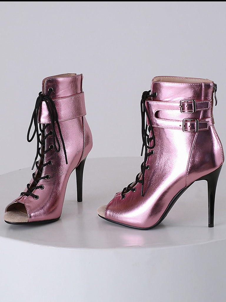 Metallic Open Toe Stiletto Drawstring Mid-Calf Boots