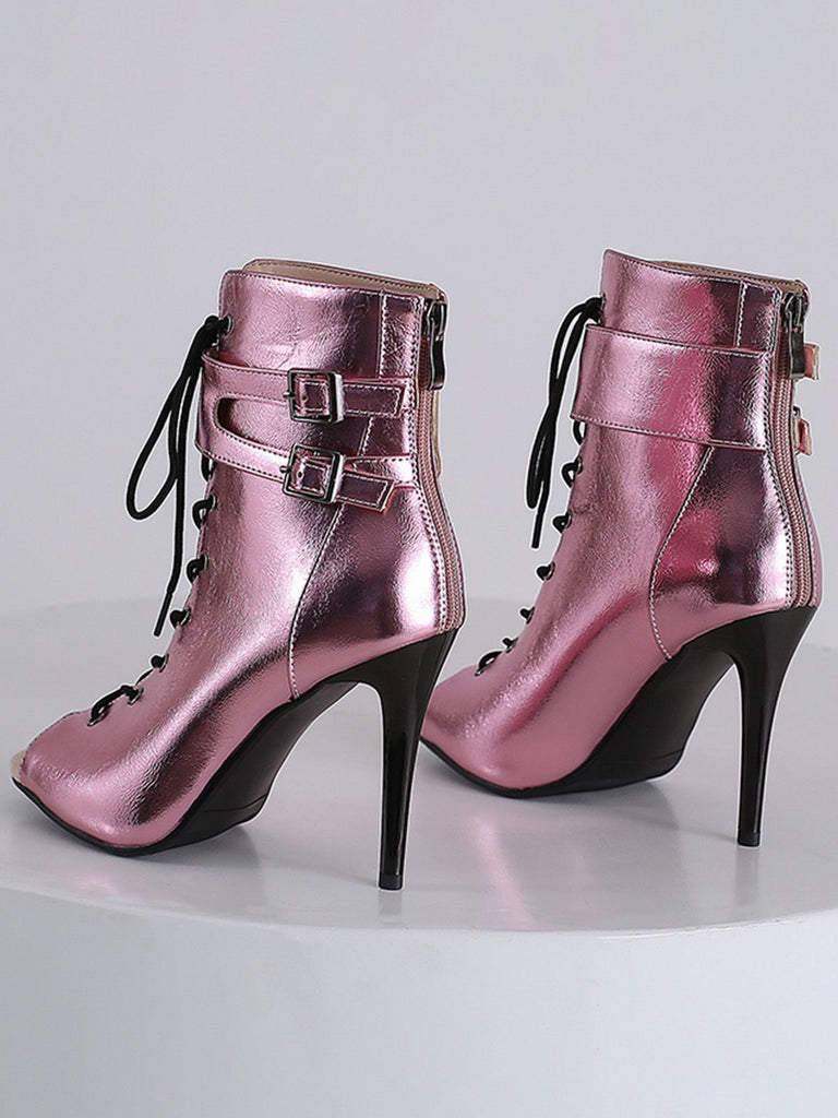Metallic Open Toe Stiletto Drawstring Mid-Calf Boots