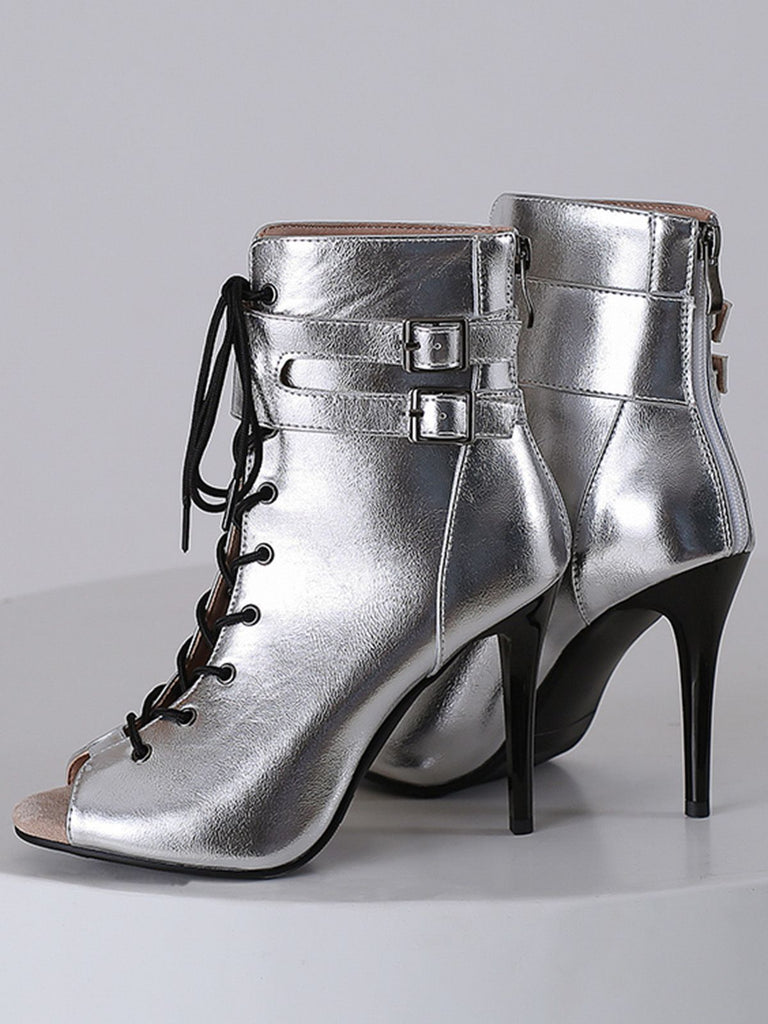 Metallic Open Toe Stiletto Drawstring Mid-Calf Boots