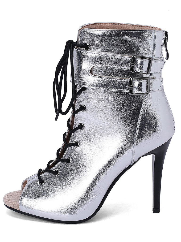 Metallic Open Toe Stiletto Drawstring Mid-Calf Boots