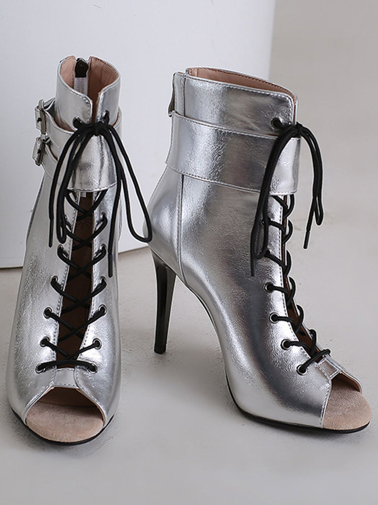 Metallic Open Toe Stiletto Drawstring Mid-Calf Boots