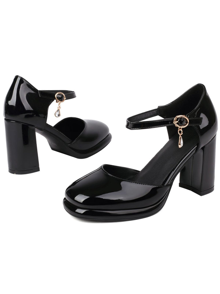 Vintage Patent leather Ankle-Strap Block Heel Pumps