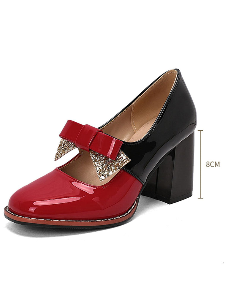 Mary Jane Colorblock Glitter Bowknot Chunky Heels