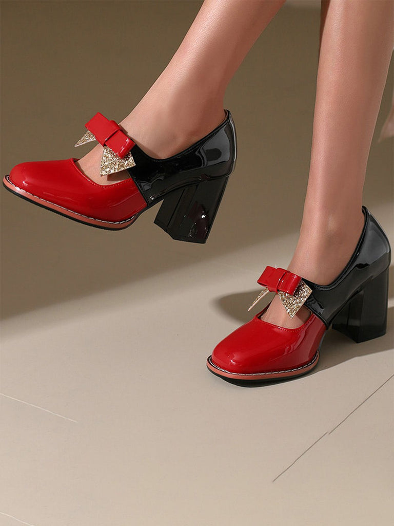 Mary Jane Colorblock Glitter Bowknot Chunky Heels