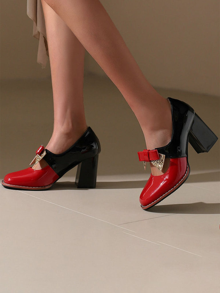 Mary Jane Colorblock Glitter Bowknot Chunky Heels