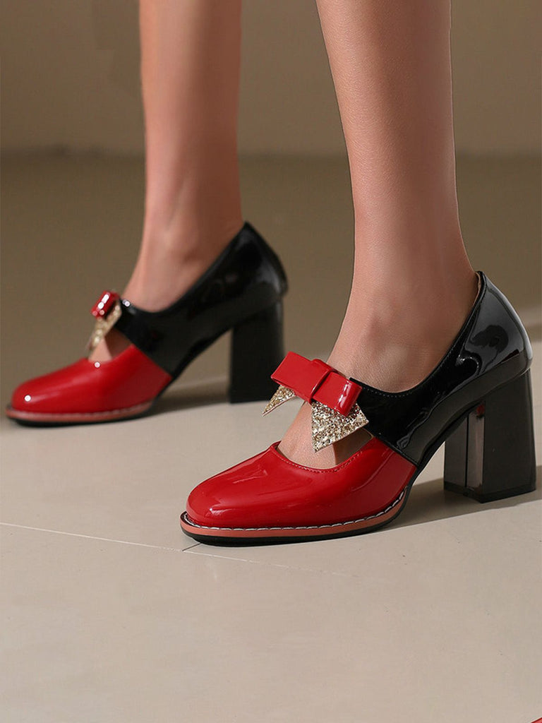 Mary Jane Colorblock Glitter Bowknot Chunky Heels
