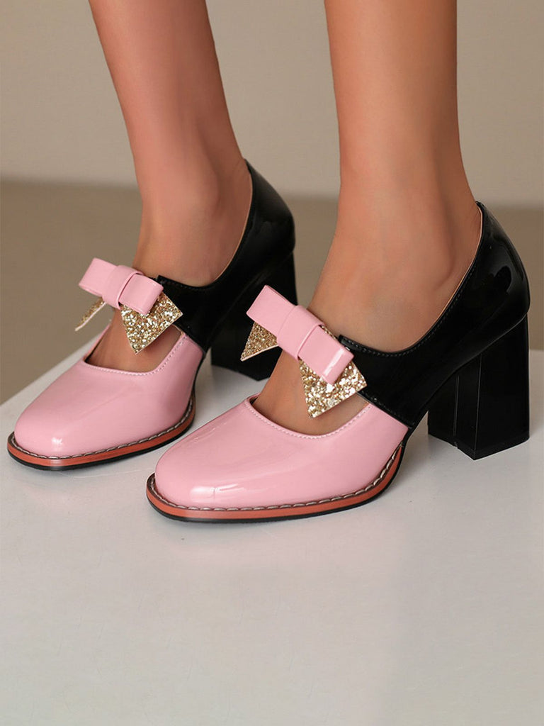 Mary Jane Colorblock Glitter Bowknot Chunky Heels