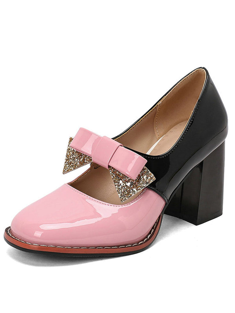 Mary Jane Colorblock Glitter Bowknot Chunky Heels