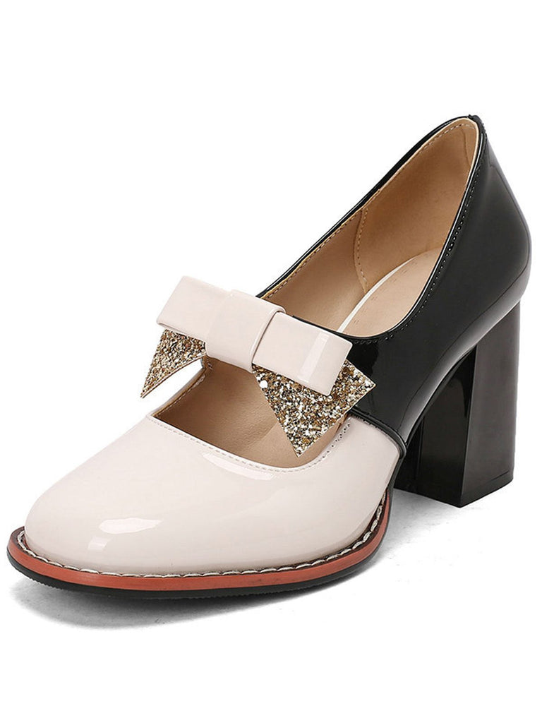 Mary Jane Colorblock Glitter Bowknot Chunky Heels