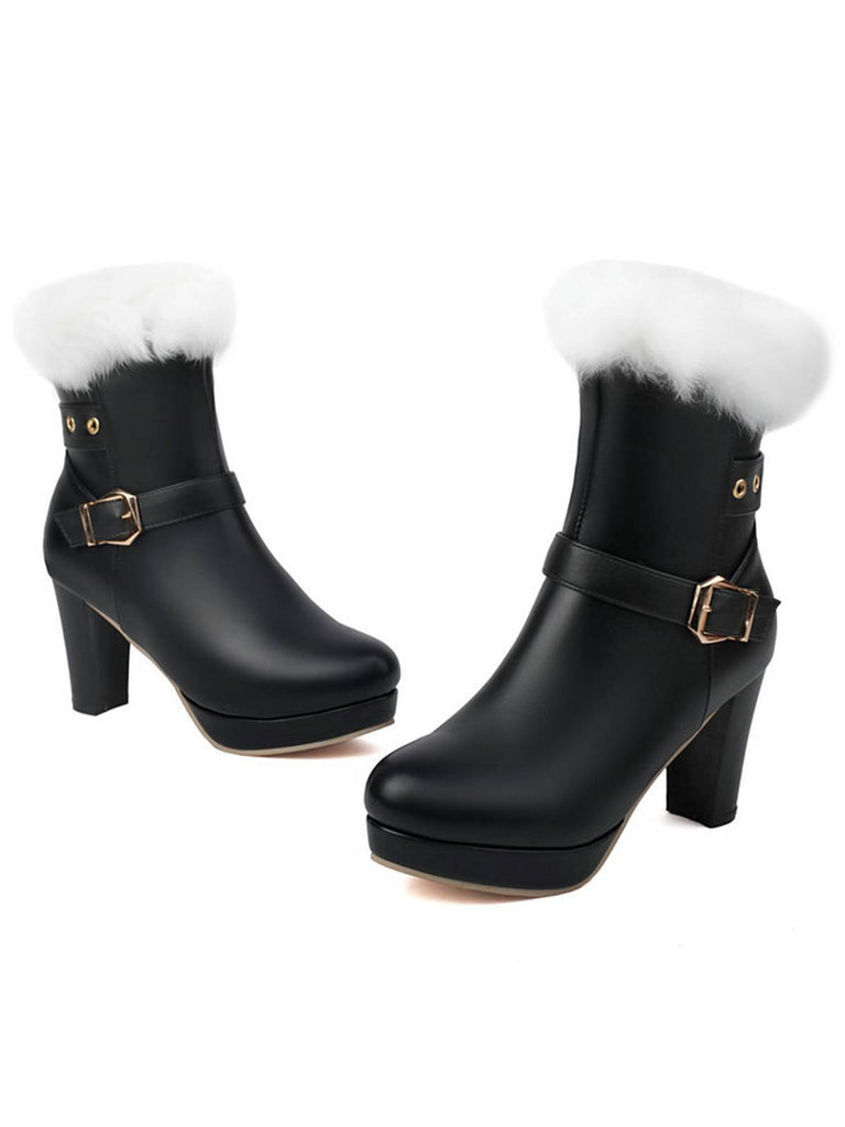 Vintage Faux Fur Buckle High Heel Boots