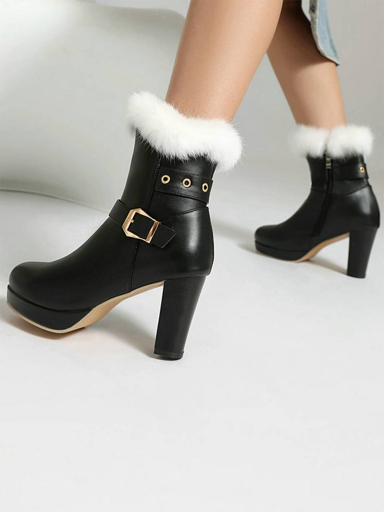 Vintage Faux Fur Buckle High Heel Boots