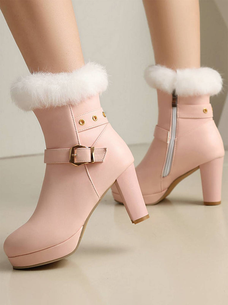 Vintage Faux Fur Buckle High Heel Boots