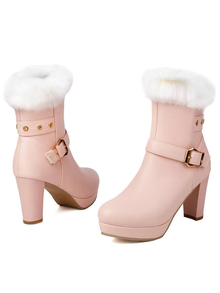 Vintage Faux Fur Buckle High Heel Boots