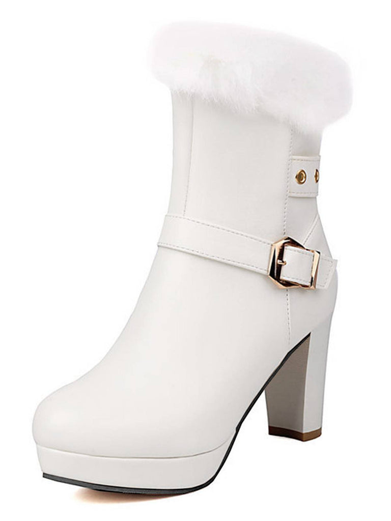 Vintage Faux Fur Buckle High Heel Boots