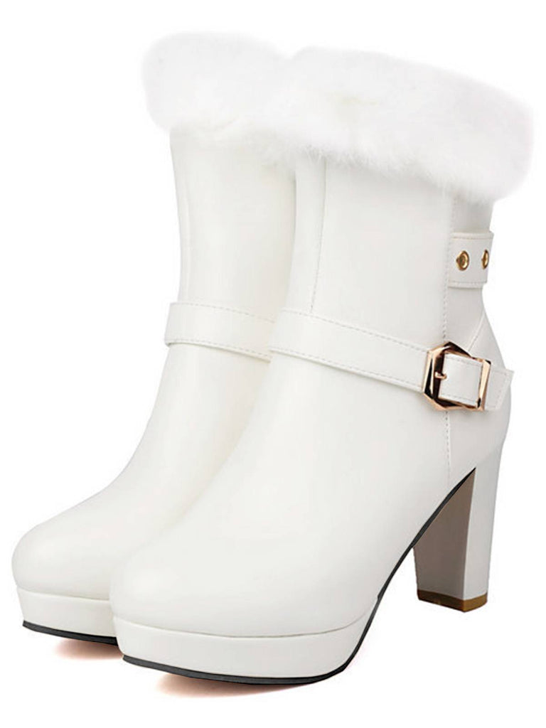 Vintage Faux Fur Buckle High Heel Boots