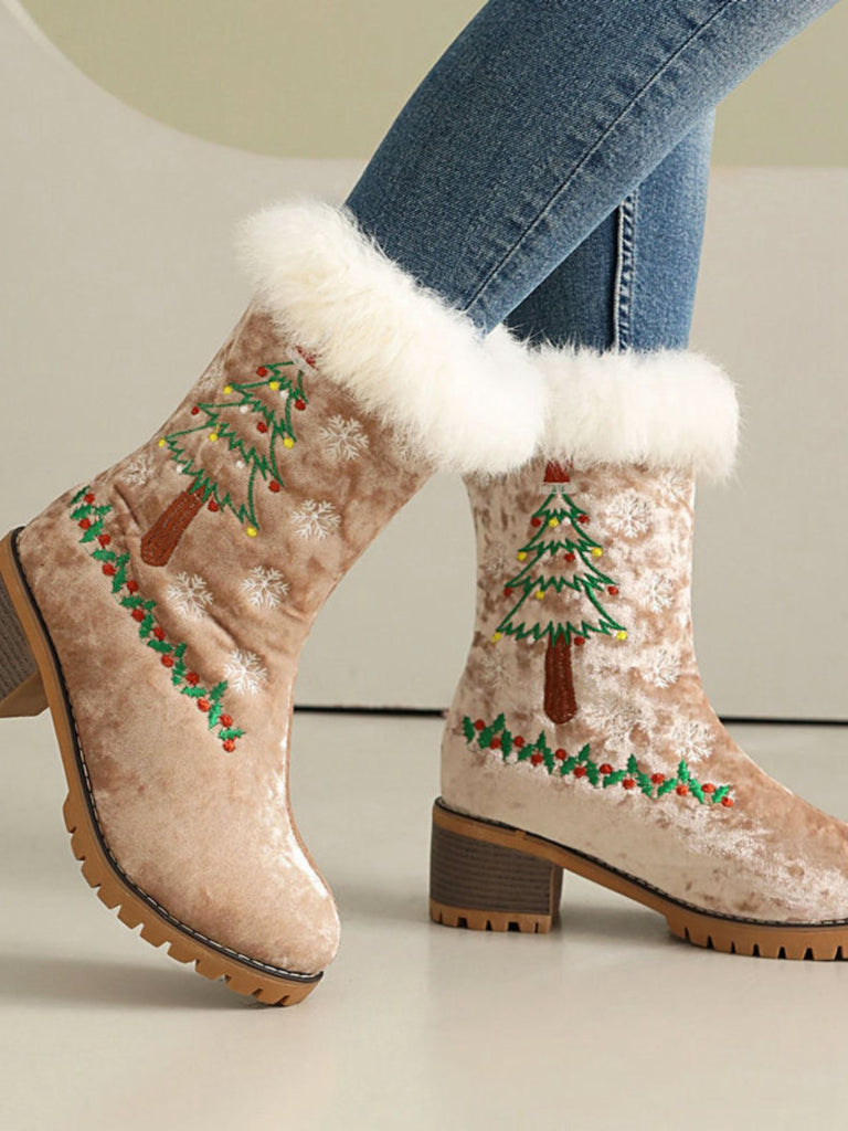 Vintage Christmas Tree Snowflake Plush Chunky Heel Boots