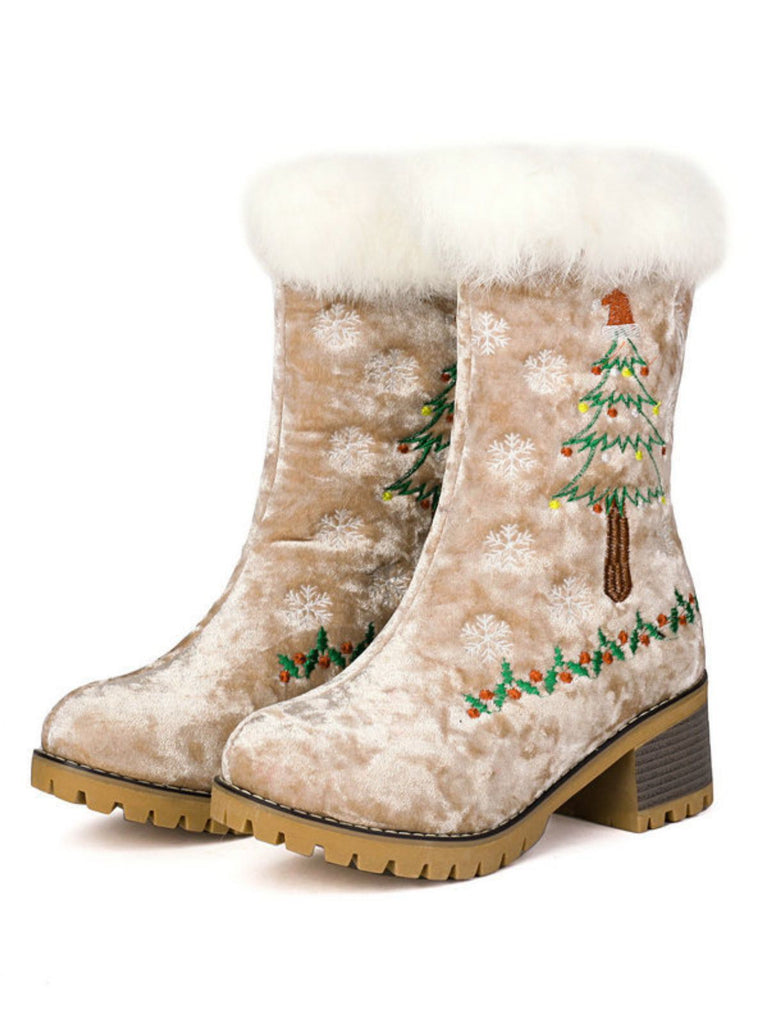 Vintage Christmas Tree Snowflake Plush Chunky Heel Boots