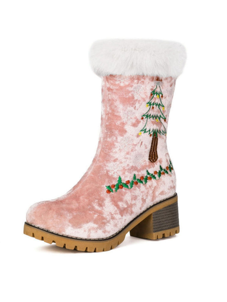 Vintage Christmas Tree Snowflake Plush Chunky Heel Boots