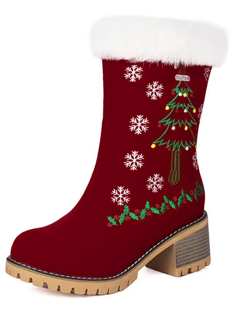 Vintage Christmas Tree Snowflake Plush Chunky Heel Boots