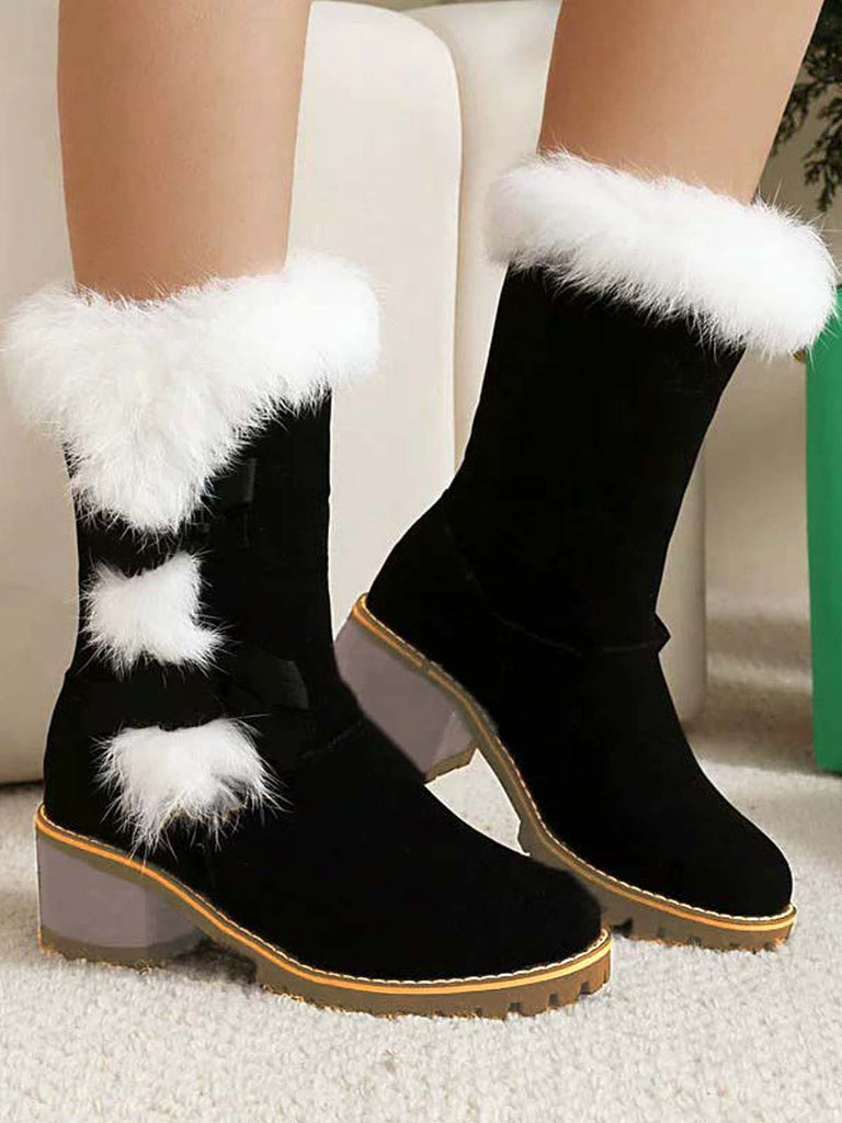 Vintage Plush Trim Bowknot Chunky Heel Boots