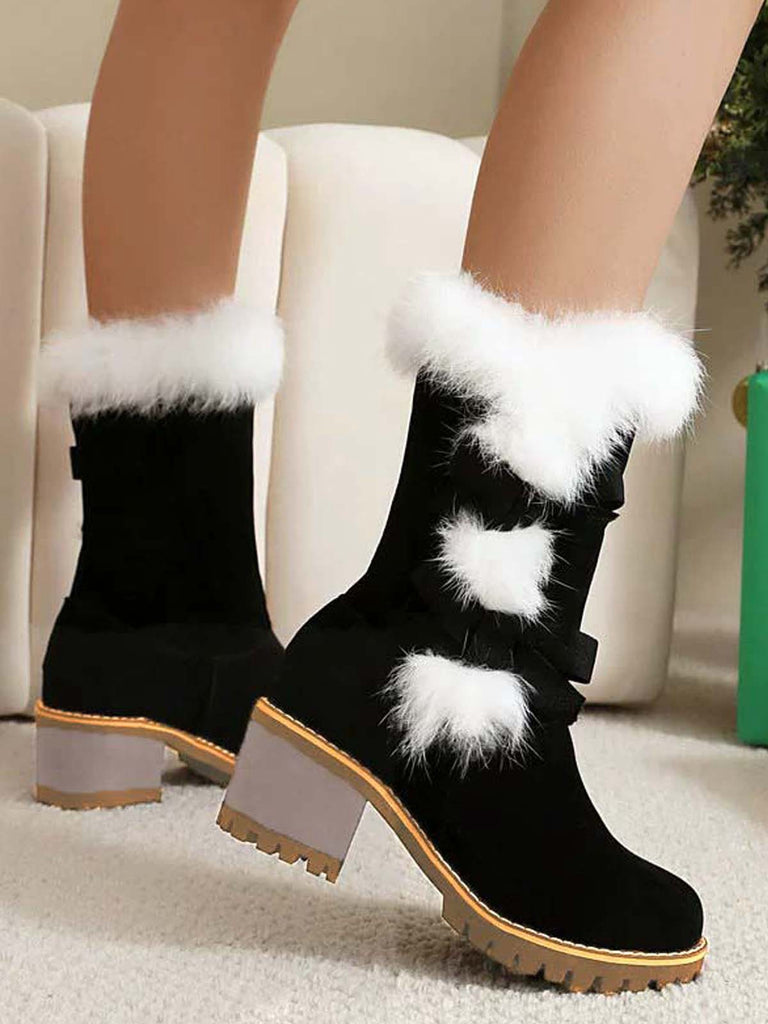 Vintage Plush Trim Bowknot Chunky Heel Boots