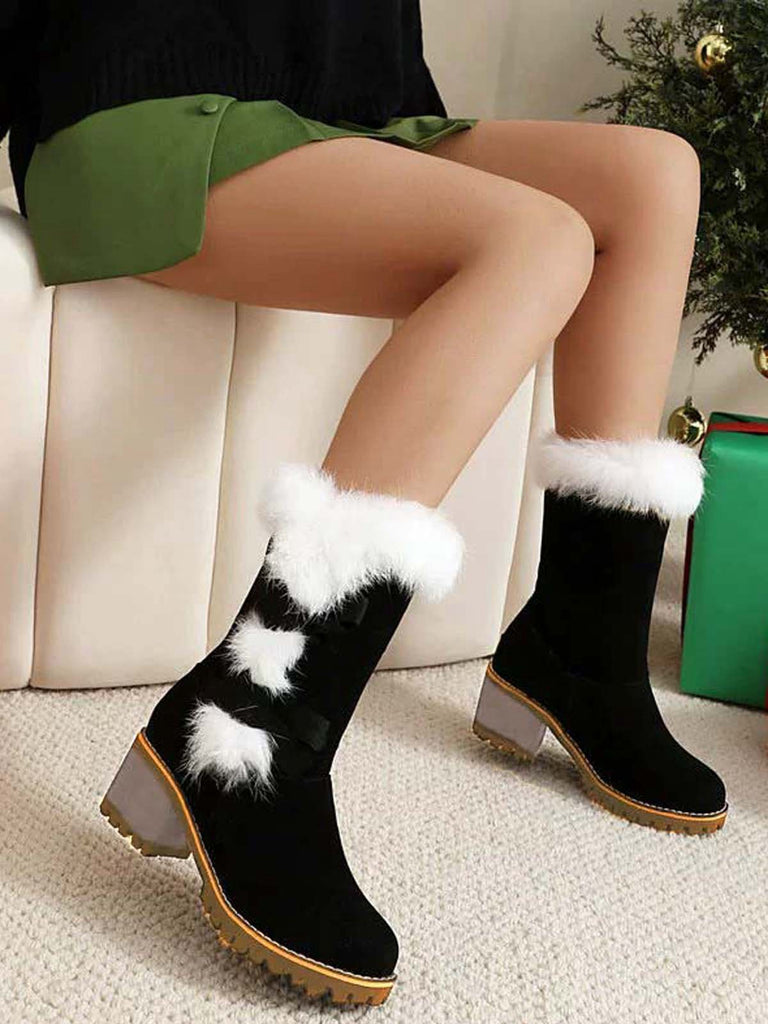 Vintage Plush Trim Bowknot Chunky Heel Boots