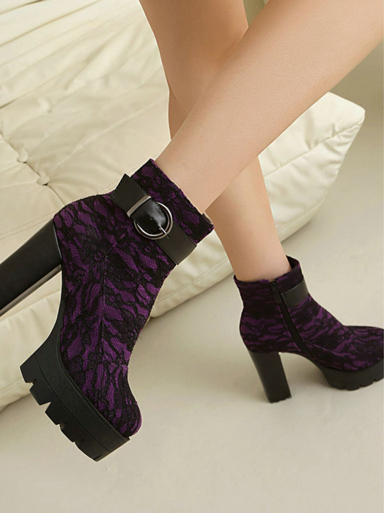 Vintage Lace Chunky Heel Platform Ankle Boots